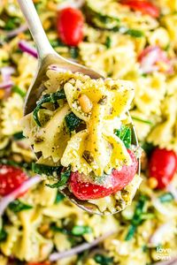 Pesto Pasta Salad is bursting with flavor! In only 10 minutes, pasta is tossed with your favorite veggies, and coated in a zesty pesto sauce.