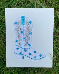 Coastal Cowgirl Boot🤠🌊 8X10  Handpainted & Rhinestoned Canvas Panel Blue, White, & Silver