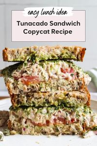 Make the best tuna sandwich with this copycat Joe and the Juice recipe. This tunacado sandwich is healthy and easy to make. The creamy tuna mousse layered with avocado, pesto, and tomato makes for a easy, delicious lunch idea