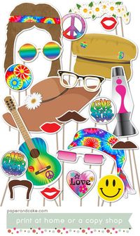 60s Hippie Printable PHOTO BOOTH PROPS | Groovy Peace Love Centerpieces Cake Toppers - Editable Text