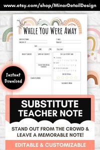 Use this daily summary SUBSTITUTE TEACHER FORM / substitute teacher notes template / substitute note for teacher/ substitute teacher notes free/ as part of your substitute teacher necessities / substitute teacher notebook, as a way to leave your mark in the classroom! Use as a rainbow Substitute teacher note, using a substitute note from teacher is important for substitute teacher tips & substitute teacher tricks is important for being a good substitute teacher! Your substitute teacher survival kit makes great substitute teacher ideas & to add to your substitute teacher binder! You should include this simple, yet highly effective substitute teacher resource, as part of your substitute teacher end of day notes! #Elementarysubstituteteacher #Subbinder #Classteachernote #Substitutenote #sub