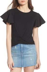 Women's Bp. Ruffle Sleeve Twist Hem Tee, Size XX-Small - Black BP.   Crisp poplin ruffles form the sleeves of this playfully cropped cotton-and-modal tee styled with a twisted hem. Style Name: Bp. Ruffle Sleeve Twist Hem Tee. Style Number: 5446140. Available in stores.