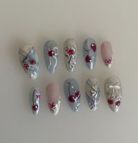 blue plaid, cherry, bow, pearl nails