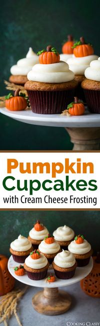 Pumpkin Cupcakes - these are the perfect fall treat! Soft and moist and they have such an irresistible pumpkin and spice flavor. And that cream cheese frosting is to die for! #pumpkincupcakes #cupcakes #fall #dessert