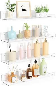 upsimples 4 Pack Acrylic Shelves for Wall Storage, 15" Floating Bookshelves for Kids, Display Shelf Organizer for Bathroom, Bedroom, Living Room, Kitchen, Room Decor, Clear