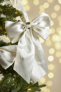 Crafted from silky and soft satin, this set of four opulent super-sized tree bows add an elegant finish to your tree.

In a neutral cream tone, they are perfect for making a big impact whilst still radiating sophistication and class.

Pair with our set of cream glass baubles for a tree that is strikingly simple, but effective. 