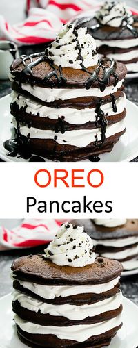 Oreo Pancakes. Chocolate cookies and cream flavored pancakes stacked together with layers of whipped cream. A fun breakfast or brunch!