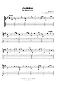 Nettleton, aka Come, Thou Fount of Every Blessing, arranged for solo fingerstyle or classical guitar in A major. Sheet music score with tablature and some fingering suggestions.