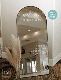 *We'll be on leave from Oct 26 to Nov 14--please place your orders by Oct 22 for shipment before we go! Orders placed after will be prioritised when we're back!* Transform your Large Arch Mirror into an Elegant Reception Mirror Sign using our Personalised Wedding Decals. Ideal as a wedding welcome decor, this decal warmly welcomes your guests while doubling as the perfect backdrop for unforgettable wedding selfies. Available in 8 romantic font styles, customise it with the couple's initials and