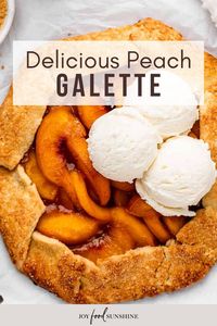 This peach galette recipe is a delicious summer dessert that's easy to make from scratch (easier than pie). The flaky buttery crust beautifully compliments the lightly sweet peach filling with hints of cinnamon and vanilla. Serve warm with a scoop of vanilla ice cream.