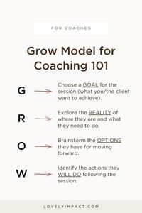 If you're a coach, it's likely that you've looked at different models out there to help your clients grow. In this post, we’re breaking down The Grow Model for Coaching and how you can start using it with your clients. ❤ Grow Model for Coaching 101: Plus How to Use It In Your Coaching Practice by Lovely Impact | grow model coaching, coach business, online coaching business, coaching ideas, coach tips, coaching tips