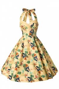 Bunny - 50s Retro Halter Sassy Tropical Parot Dress in Yellow