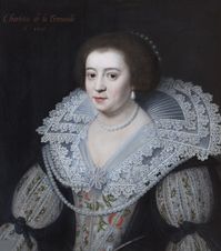 1626 Charlotte de la Trémoïlle, Countess of Derby (1599-1664) attributed to Michiel Jansz. van Miereveldt (Blickling Hall - Aylsham, Norfolk, UK). From nationaltrustcollections.org.uk/object/355477; the left and lower right corners had navigation remarks that were removed, along with spots in the background, removed with Photoshop.