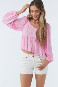 Easygoing long sleeve top that has a flowy design and smocking detail at the back. O'Neill Women's woven long sleeve top Regular fit Smocking at back bodice Elastic shoulder and sleeve openings 100% Viscose