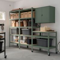 BROR storage unit with cabinet + cart, gray-green/pine plywood. This storage system is our interpretation of heavy metal – sturdy, durable and flexible. Also easy to assemble, complete as needed and is robust enough to withstand moisture, dirt and heavy loads. Top panel/ Side panel/ Door/ Bottom panel/ Frame: Galvanized steel.