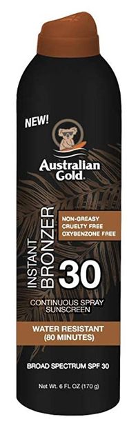 Australian Gold Continuous Spf#30 Spray 6 Ounce With Bronzer (177ml) (3 Pack) Visit the Australian Gold Store 4.7 out of 5 stars 94 ratings Best price Product Benefits Sun Protections Item Weight 1.32 Pounds Number of Items 3 Unit Count 18 Fl Oz Active Ingredients Vitamin c Item Dimensions LxWxH 2 x 2 x 7.75 inches Brand Australian Gold Item Volume 177 Milliliters Water Resistance Level Water Resistant Item Form Spray