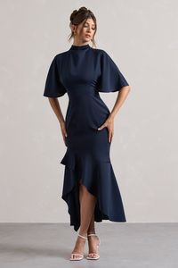 Lavinia Navy High-Neck Flutter-Sleeve Asymmetric Maxi Dress – Club L London - USA