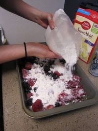 Frozen berries, dry cake mix, and 1 can of sprite. 350 for  35 min, yummy cobbler and its a weight watchers recipe- have made this a bunch of times and its always awesome!!!!