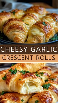 Indulge in these Cheesy Garlic Crescent Rolls! 🌟 Flaky, buttery rolls stuffed with gooey cheese and flavorful garlic make a scrumptious appetizer or perfect side dish. Easy to make and a crowd-pleaser, they’ll impress everyone at your next gathering. Don't miss out—save this pin and try the recipe today! 🧄🧀✨