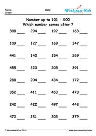 What number comes after ? 1 to 20, 100, 500, 1000 - Free printable PDF