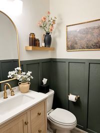 We turned this small bathroom into something beautiful ✨ Color is pewter green by sherwin williams