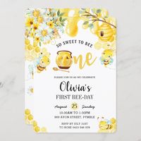 Personalize this cute Bumblebees Yellow Floral 1st Birthday Invitation with your party details easily and quickly, simply press the customize it button to further re-arrange and format the style and placement of the text.  Matching items available in store!  (c) The Happy Cat Studio.