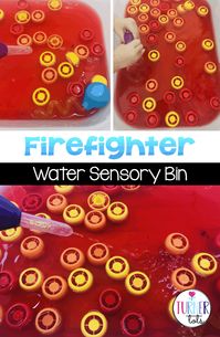 Preschoolers and pre-k students can engage their sense of touch with this water sensory bin with a firefighter theme - perfect for community helpers centers. Add in some droppers for fine motor skills and this community helper preschool activity is ready to go! #preschoolactivities #toddleractivities