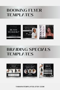 30 Canva flyer templates for your Instagram feed. Includes braiding hair specials, booking flyer design templates and more. 

A black and silver luxury look to represent the quality service you provide your clients. Add your own photos and details and post to your social media. 

Tap/click to view them now!