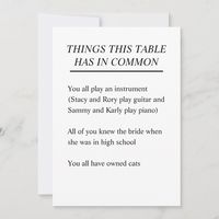 Help your guests get to know each other with these table top signs. Add interesting facts and things your guests have in common.