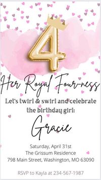 Party graphics have never been easier! The perfect invitation design for a beautiful fourth birthday party! *All you need is a FREE Canva account. *Very simple to edit - and includes lifetime access. *You will receive a PDF upon download that will direct you to the editable template in CANVA.