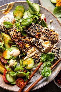 Spicy Ginger Sesame Crusted Salmon Bowls | halfbakedharvest.com