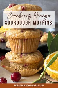 These sourdough discard muffins are packed with tart cranberries and zesty orange. They have a little extra tang from the sourdough starter. These sourdough muffins are sure to become a holiday favorite sourdough discard recipe especially if you love cranberry muffins.