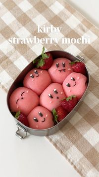 let’s make kirby strawberry mochi 💖  strawberry mochi recipe  • 1 cup mochiko rice flour  • 1/4 cup sugar  • 3/4 cup strawberry milk (can sub for regular milk)  • 1 drop red food coloring  1.5 tbsp butter  filling recipe  • 1 cup heavy cream  • 1 tbsp sugar (adjust as desired)  • 1 tsp vanilla extract   4-5 diced strawberries  instructions  • 1. With a hand mixer, prepare filling by whipping heavy cream, sugar, and vanilla extract in a mixing bowl. Refrigerate until ready  • 2. Mix rice flour and sugar together in a bowl  • 3. Add in strawberry milk while whisking the mixture until yogurt consistency  • 4. Cover with plastic wrap and poke holes to vent and microwave for 3 min in 1 min increments  • 5. Add butter to mixture and mix well with spatula. Let it cool down long enough to knead b