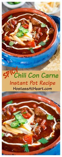 Spicy Chili Con Carne is an easy instant pot stew recipe that is loaded with meat in a warm thick sauce. It's perfect for a weeknight meal. #instantpot #pressurecooker #healthy #easyrecipes #FreakyFridayRecipes #mexicanrecipes #healthyrecipes #30minutemeal #hostessatheart