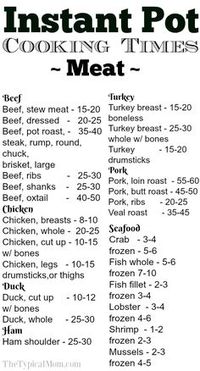 Free printable Instant Pot cooking times sheet to keep handy so you know exactly how long each meat takes to cook in your Instant Pot. via @thetypicalmom