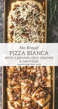 Pizza Bianca is a white pizza that is brushed with olive oil and topped with caramelized onions, fresh rosemary, and rich Gruyere cheese.