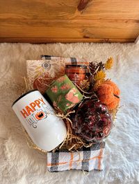 Boo Basket $35! Includes woven tray, kitchen towel, pumpkin spice candle, pair of socks, scented sachet, goblet with lid, glass candy dish full of candy, and 2 decorative fall pics! Message me if interested 🍁🍂