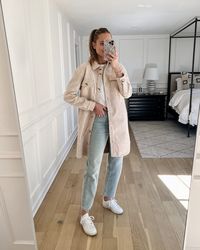 Fashion Jackson Wearing Beige Shacket White Tshirt AGODLE Jeans Veja V12 Sneakers, beige shacket outfit, beige jacket outfit, blue jeans womens casual outfit, blue jeans and white sneakers outfit, casual weekend outfit