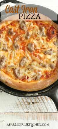 Buttery, homemade pizza dough baked in a cast iron skillet. #recipes #castiron #pizza #dinnerrecipes #easyrecipe #castironrecipes