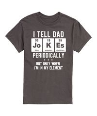 Charcoal 'Dad Jokes Periodically' Tee - Men. Short sleeves and a classic crewneck make this tee a closet staple. Finished with a front graphic. Full graphic text: I tell dad jokes (letters in 'joke' represented by different element abbreviations) periodically, but only when I'm in my element.100% cottonMachine wash; tumble dryImported, screen printed in the USA