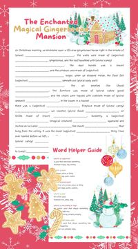 Unleash your creativity with our free printable 'Enchanted Gingerbread Mansion' Word Lib! Perfect for all ages, this holiday-themed activity will spark imagination and laughter. Download now and have a magical time filling in the blanks to create your own whimsical story! #christmas #ChristmasPrintable #WordLib #HolidayFun