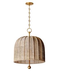 Our Barnes Pendant features a woven dome shade that exudes modern elegance, complemented by gold accents and a hanging chain. This grand shade casts a diffused light, making it an ideal accent above your dining room, entryway or even in multiples in an open kitchen. This is is the perfect piece for adding a touch of illuminated, artisanal charm to any area of your home. Available in two sizes.