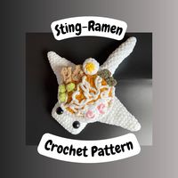 "** PLEASE NOTE THIS IS A DIGITAL FILE NOT A FINISHED STUFFED ANIMAL ** Meet Sting-Ramen the Stingray Ramen! SKILL LEVEL: Intermediate SIZE: Approx. 39cm x 39cm (15\" x 15\")  MATERIALS: * 6-weight chenille yarn in WHITE, GOLD, BEIGE, PINK, LIGHT GREEN, DARK GREEN, and YELLOW * 6mm crochet hook * 30mm safety eyes * Stuffing * Stitch marker * Scissors * Darning needle STITCHES/SKILLS NEEDED: * magic ring/circle * single crochet * half double crochet * increase * decrease * slip stitch * chain * f