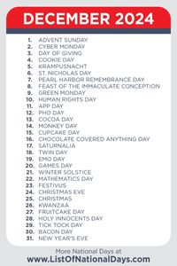 A printable list of national days for Decemeber 2024