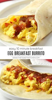 A hot and quick breakfast is easier than you think! Make an egg breakfast burrito in less than ten minutes. Eggs are scrambled with sautéed onions and peppers, then topped with melty cheese and salsa on a warm tortilla.