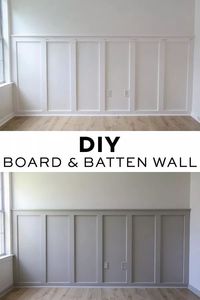 How to easily install a DIY board and batten wall in any room! This budget friendly and simple DIY board and batten accent wall will add instant character to your home! Grey board and batten with white walls and grey trim adds a fun decor twist on traditional board and batten wainscoting! #boardandbatten #diy #homeimprovement #accentwall