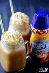 This is soooo good! Keep in mind it's only 50ish calories, so it's not nearly as sweet as a frappe from Starbucks/etc.... But it totally hits the spot when you have a craving! 1 cup chilled coffee 1/4 cup caramel macchiato international delight 2 cups ice Whipped topping Caramel sauce Yum!!!!!