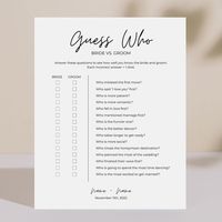 Editable, customizable, and printable fun Guess Who? Bride or Groom Shoe Game for Weddings Bachelorette Parties and Bridal Showers. Edit to make it your own on Canva, and print on an 8.5x11 cardstock paper.