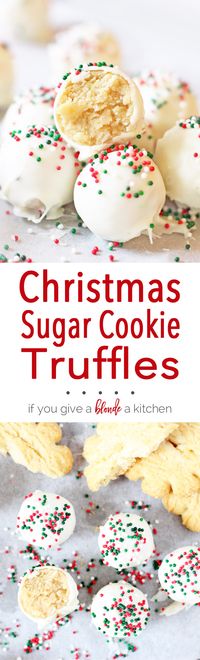 Sugar cookie truffles are a must-try this Christmas. It's a no-bake recipe that uses sugar cookies, cream cheese, white chocolate and sprinkles! | www.ifyougiveablondeakitchen.com