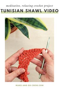 Learn how to use the Tunisian full stitch to crochet a very easy, meditative asymmetrical triangle scarf. Perfect brain break project for using up stash yarn! #makeanddocrew #tunisiancrochet #crochetvideotutorial #tunisiancrochetshawl